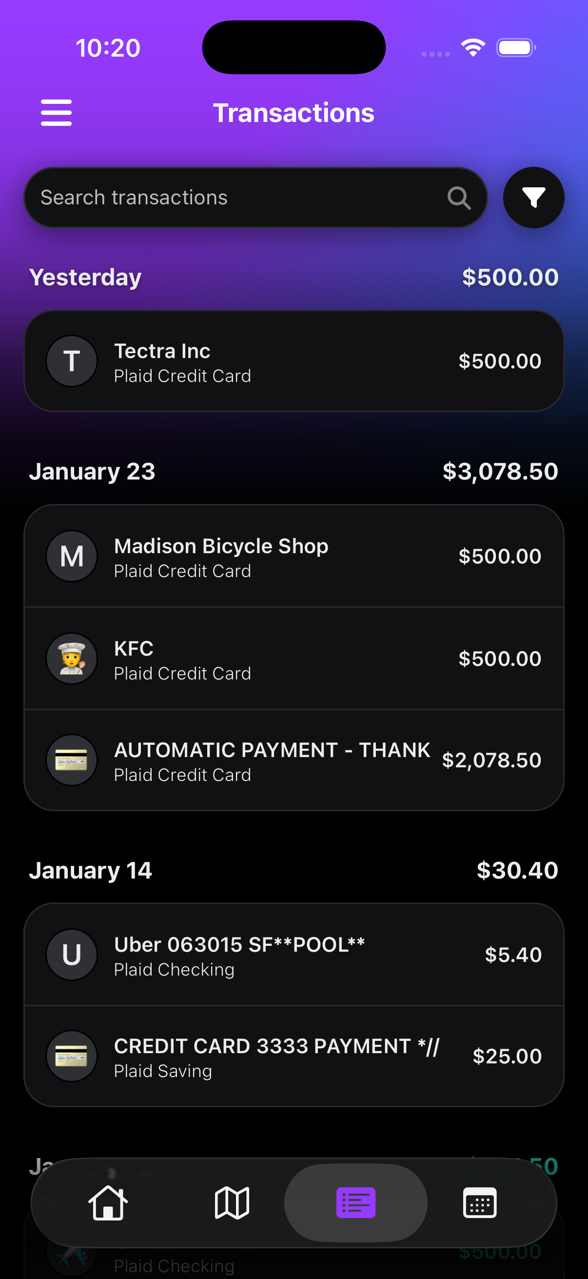 MoneyMap transaction list showing detailed spending history